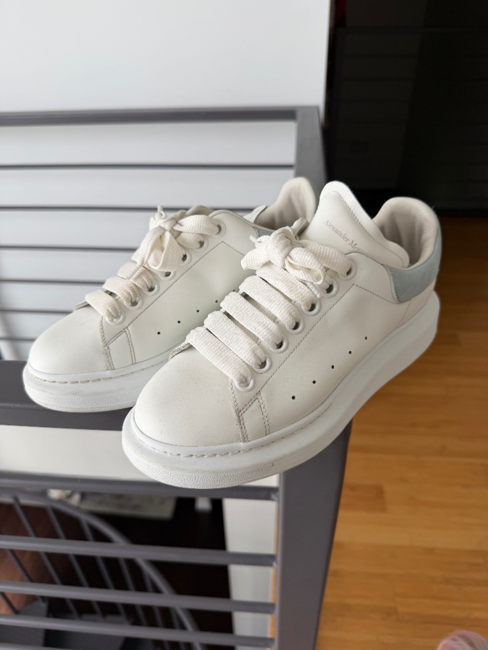 White leather Alexander Mcqueens with Light Blue Suede Back